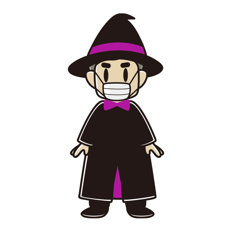 マスクをするハロウィンのコスプレ姿のおじさんのイラスト【色あり、背景なし】透過PNG