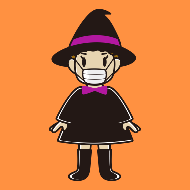 マスクをするハロウィンのコスプレ姿のおばさんのイラスト【色、背景あり】PNG
