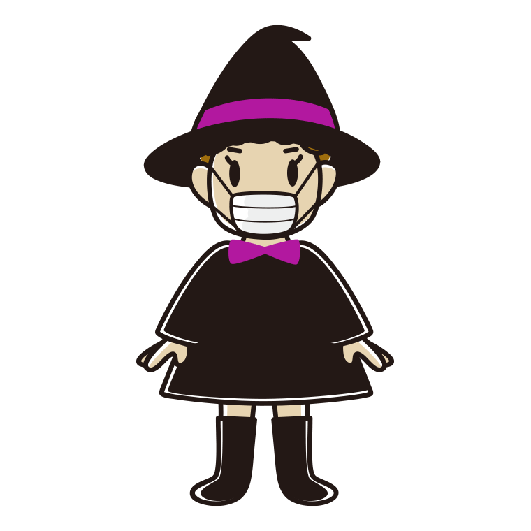マスクをするハロウィンのコスプレ姿のおばさんのイラスト【色あり、背景なし】透過PNG