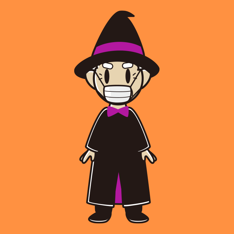 マスクをするハロウィンのコスプレ姿のおじいさんのイラスト【色、背景あり】PNG