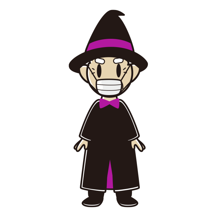 マスクをするハロウィンのコスプレ姿のおじいさんのイラスト【色あり、背景なし】透過PNG