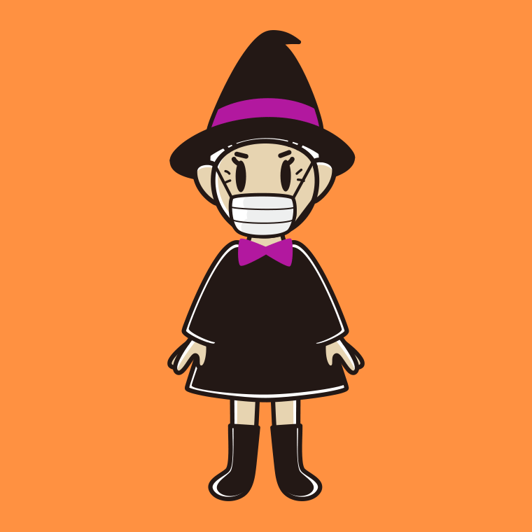 マスクをするハロウィンのコスプレ姿のおばあさんのイラスト【色、背景あり】PNG