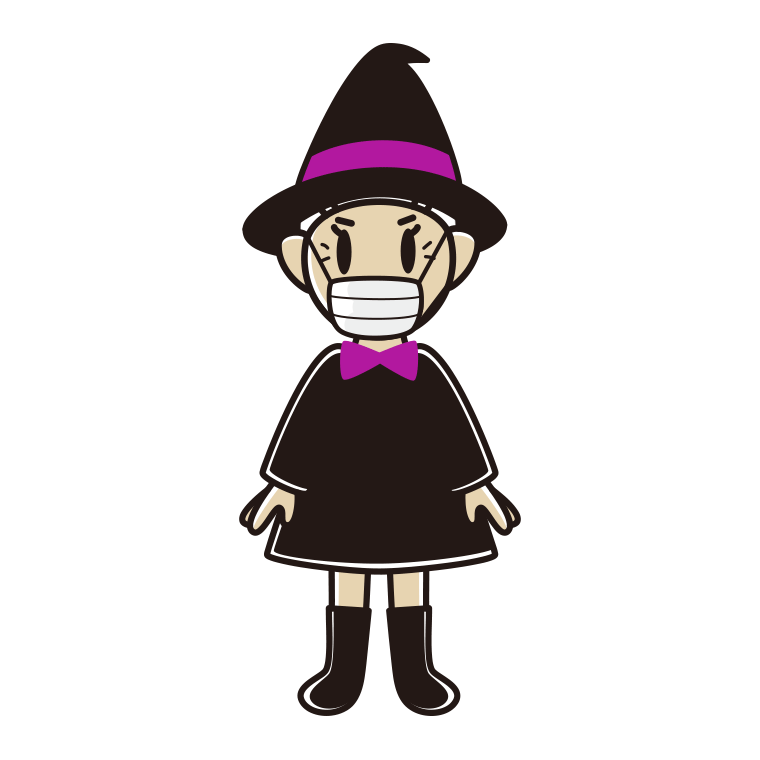 マスクをするハロウィンのコスプレ姿のおばあさんのイラスト【色あり、背景なし】透過PNG