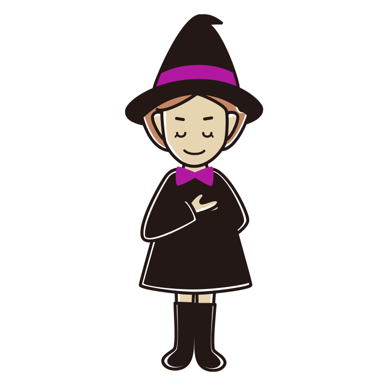 お辞儀するハロウィンのコスプレ姿の女性のイラスト【色あり、背景なし】透過PNG