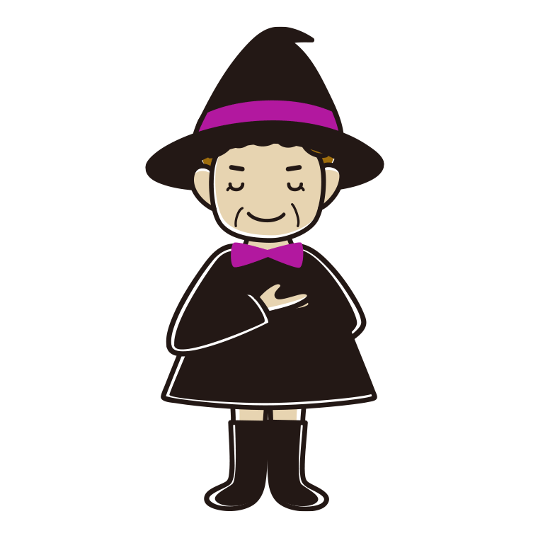お辞儀するハロウィンのコスプレ姿のおばさんのイラスト【色あり、背景なし】透過PNG
