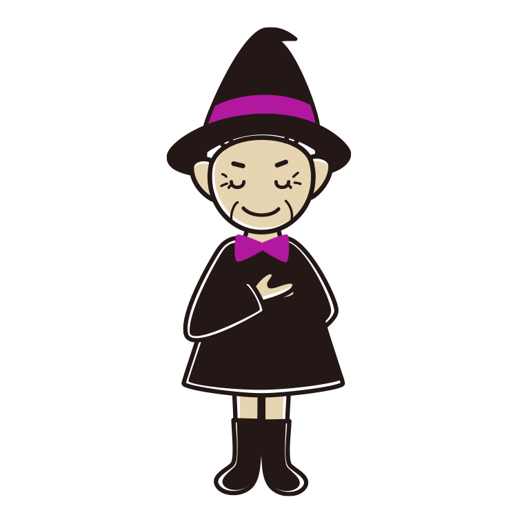 お辞儀するハロウィンのコスプレ姿のおばあさんのイラスト【色あり、背景なし】透過PNG