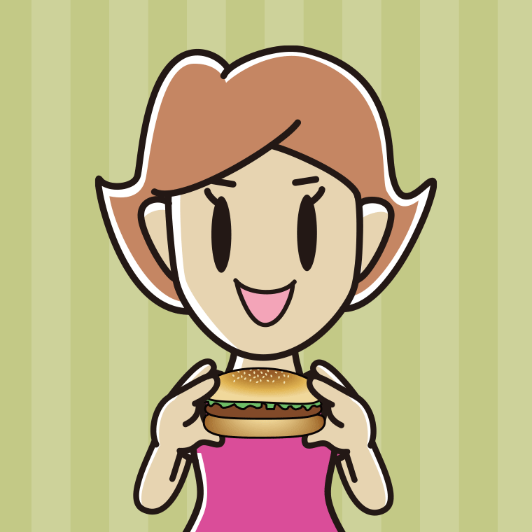 ハンバーガーを食べる女性のイラスト【色、背景あり】PNG