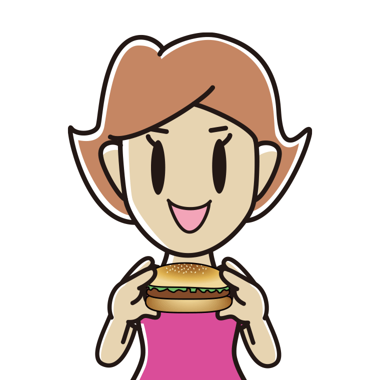 ハンバーガーを食べる女性のイラスト【色あり、背景なし】透過PNG