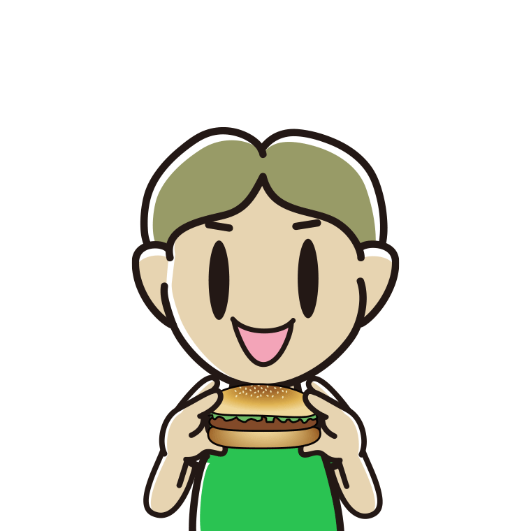 ハンバーガーを食べる小学生男子のイラスト【色あり、背景なし】透過PNG