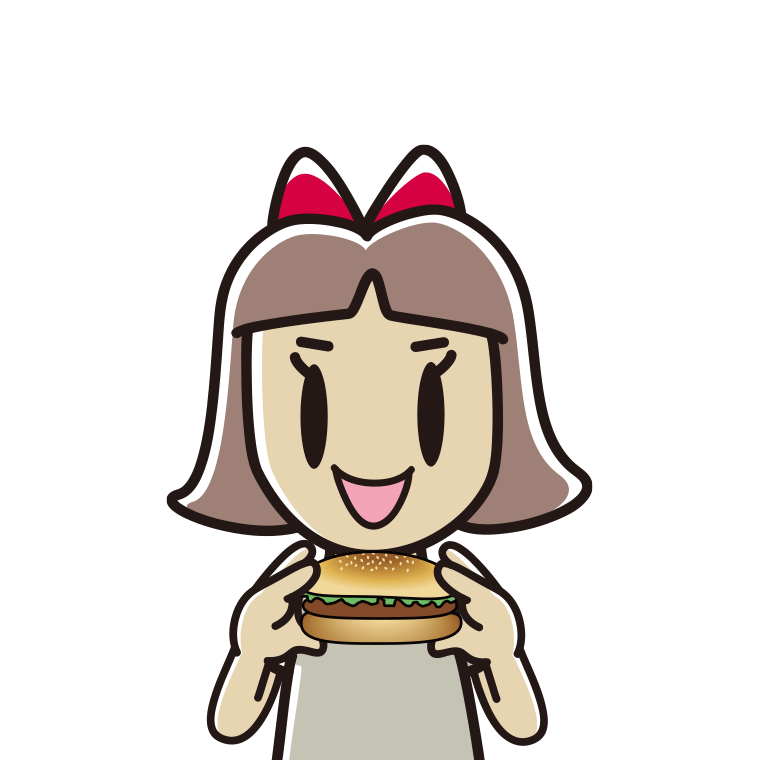 ハンバーガーを食べる小学生女子のイラスト【色あり、背景なし】透過PNG