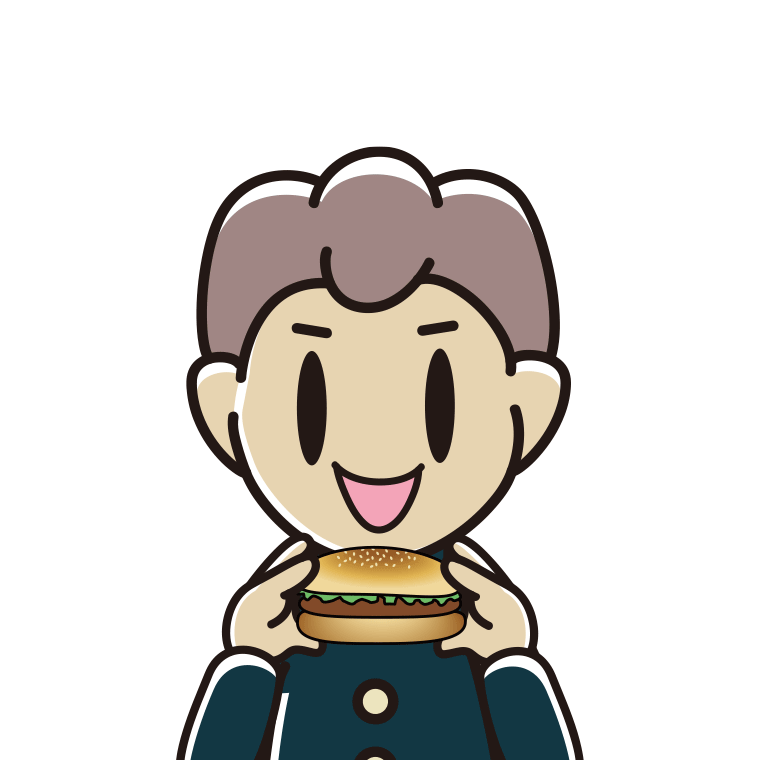 ハンバーガーを食べる男子中学生のイラスト【色あり、背景なし】透過PNG