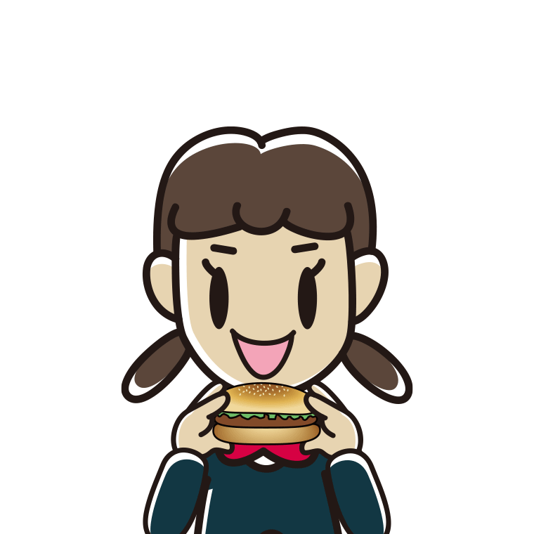 ハンバーガーを食べる女子中学生のイラスト【色あり、背景なし】透過PNG
