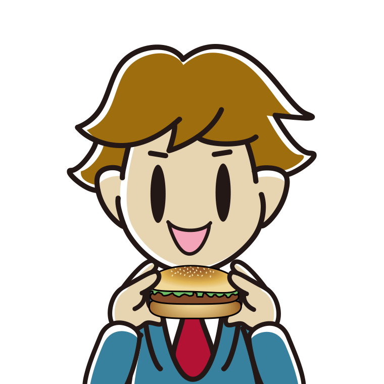 ハンバーガーを食べる男子高校生のイラスト【色あり、背景なし】透過PNG