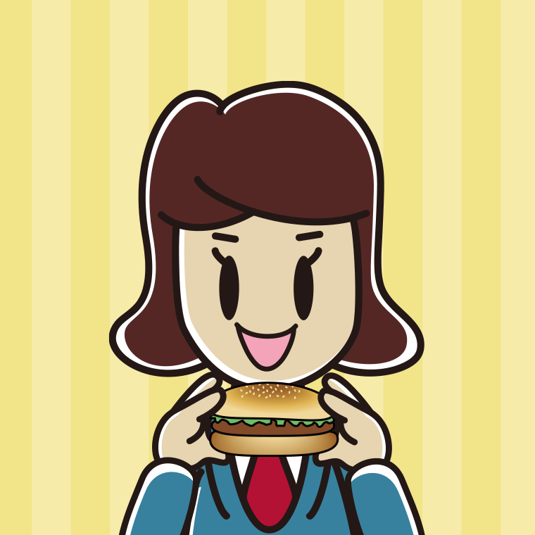 ハンバーガーを食べる女子高校生のイラスト【色、背景あり】PNG