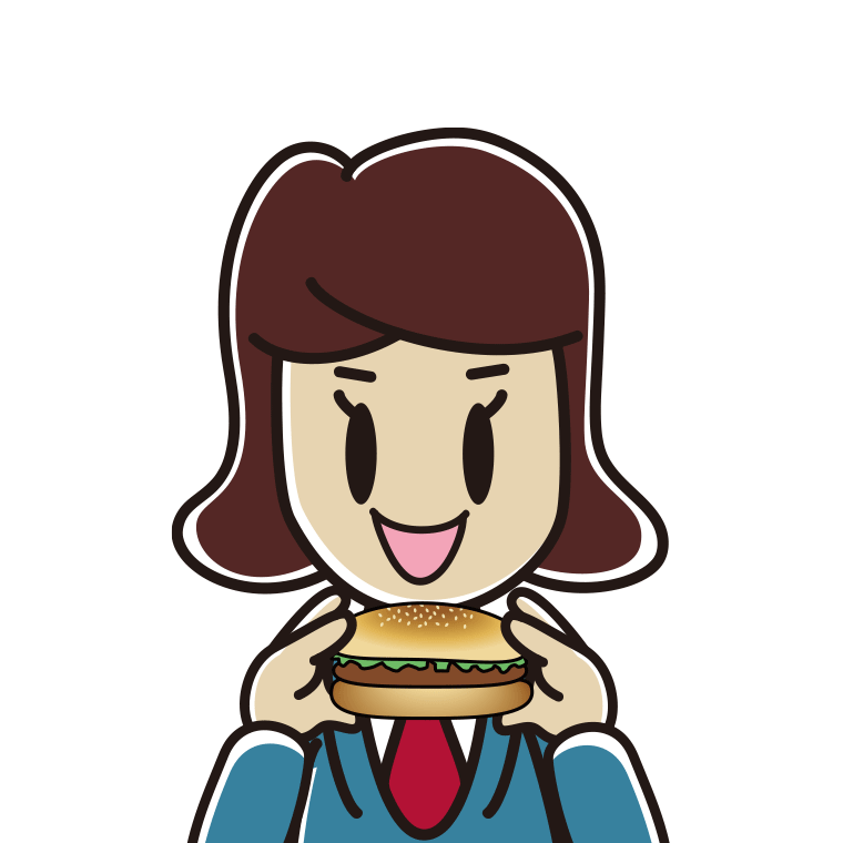 ハンバーガーを食べる女子高校生のイラスト【色あり、背景なし】透過PNG