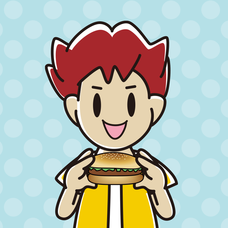 ハンバーガーを食べる男子大学生のイラスト【色、背景あり】PNG