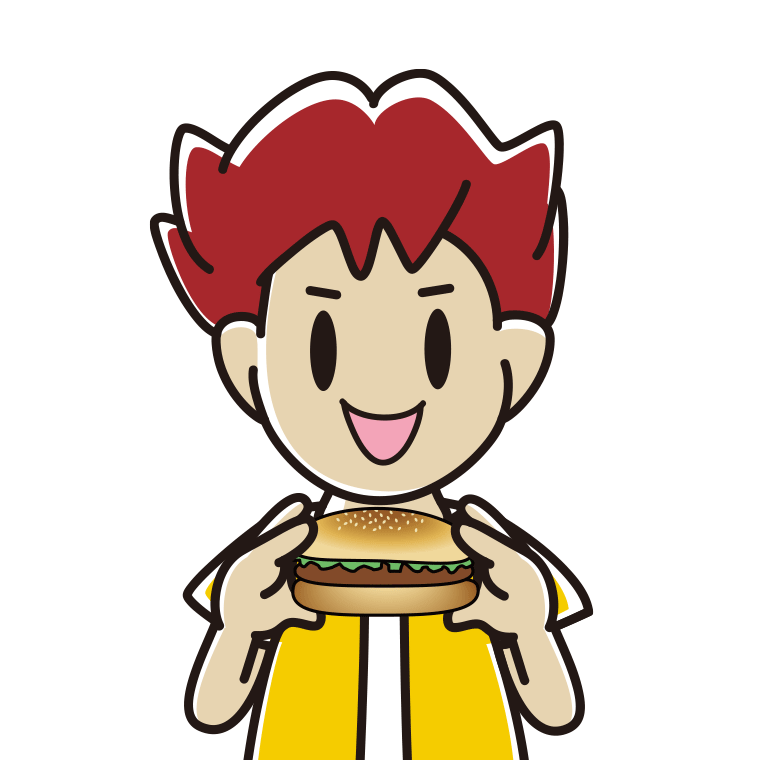 ハンバーガーを食べる男子大学生のイラスト【色あり、背景なし】透過PNG