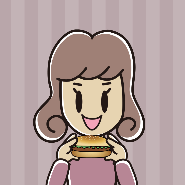 ハンバーガーを食べる女子大学生のイラスト【色、背景あり】PNG