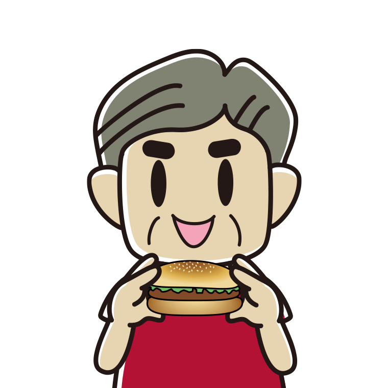 ハンバーガーを食べるおじさんのイラスト【色あり、背景なし】透過PNG