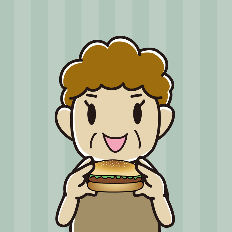 【フリー素材】ハンバーガーを食べるおばさんのイラスト