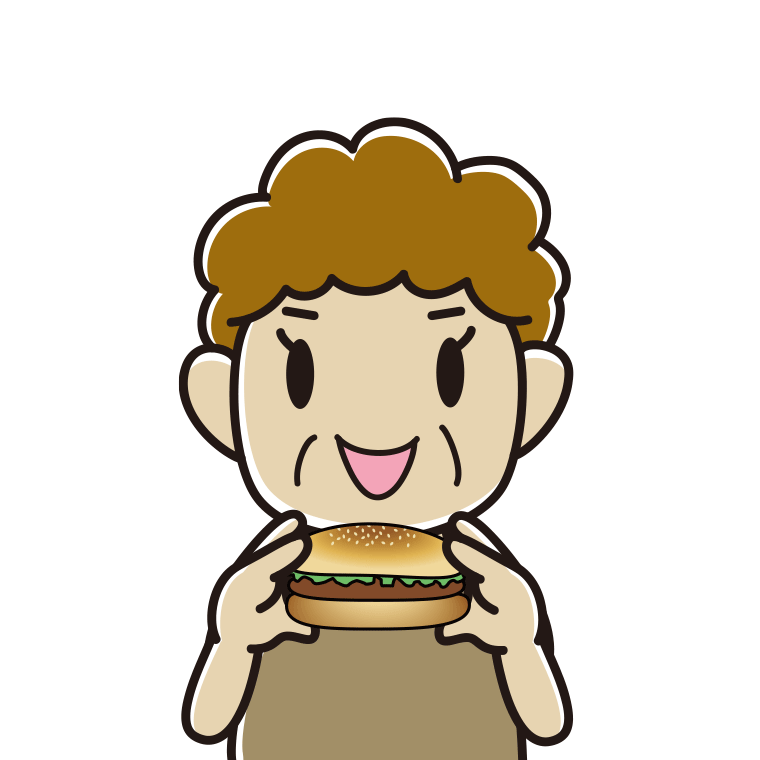 ハンバーガーを食べるおばさんのイラスト【色あり、背景なし】透過PNG