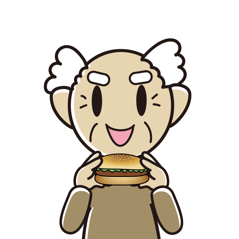 ハンバーガーを食べるおじいさんのイラスト【色あり、背景なし】透過PNG