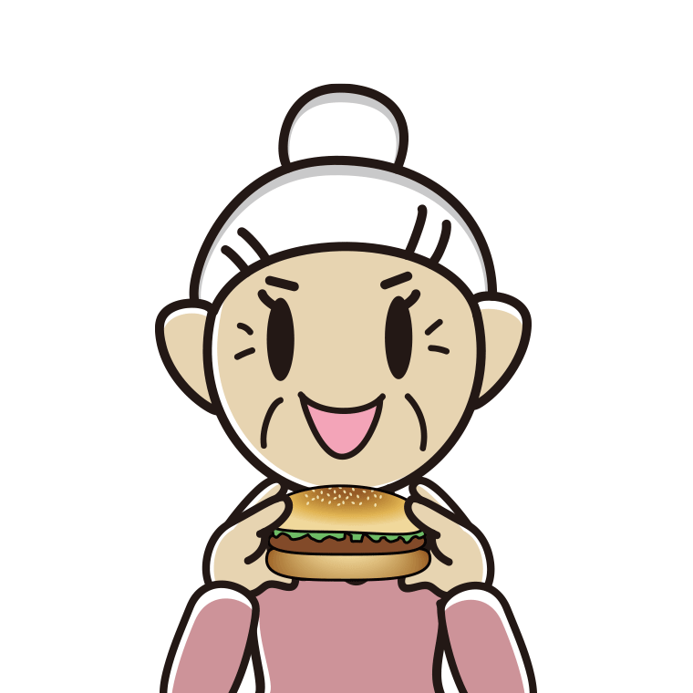 ハンバーガーを食べるおばあさんのイラスト【色あり、背景なし】透過PNG