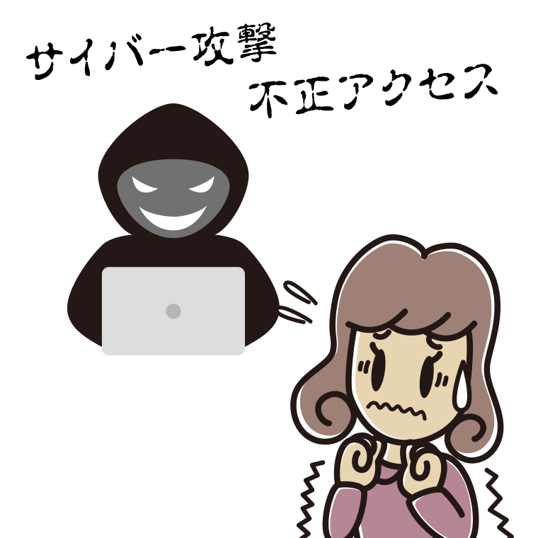 サイバー攻撃や不正アクセスが心配な女子大学生のイラスト【色あり、背景なし】透過PNG
