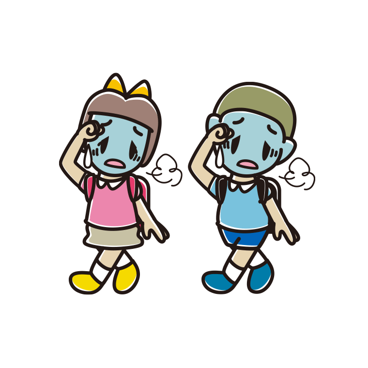 通学中に具合が悪い新小学一年生のイラスト【色あり、背景なし】透過PNG