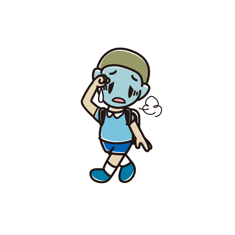 通学中に具合が悪い新小学一年生男子のイラスト【色あり、背景なし】透過PNG