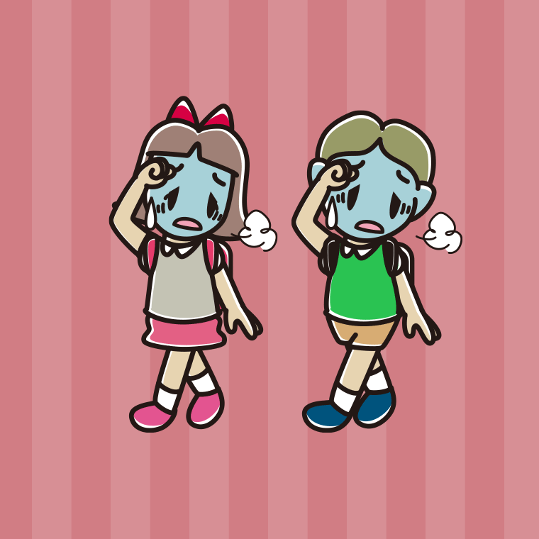 通学中に具合が悪い小学生のイラスト【色、背景あり】PNG