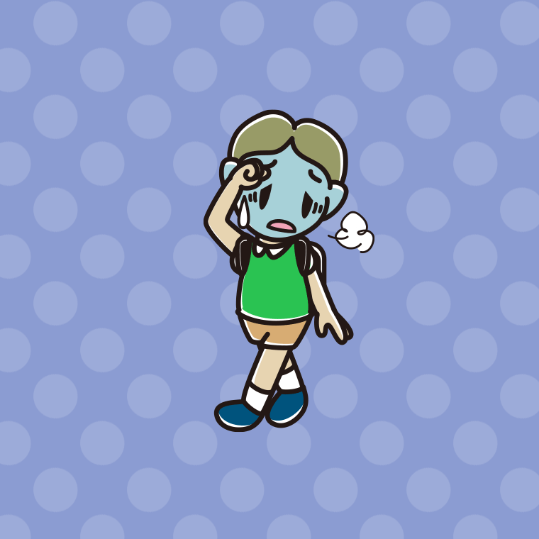 通学中に具合が悪い小学生男子のイラスト【色、背景あり】PNG