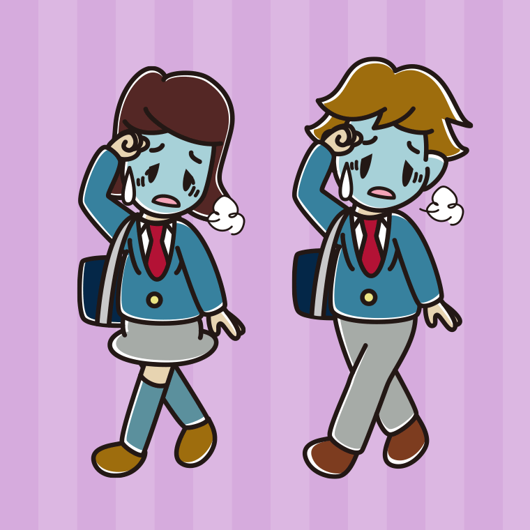 通学中に具合が悪い高校生のイラスト【色、背景あり】PNG