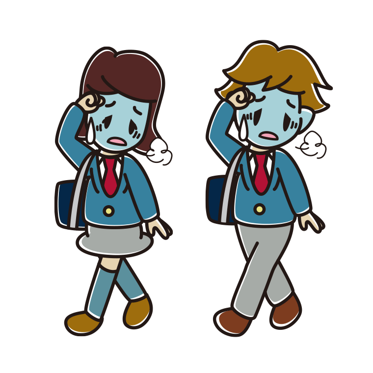 通学中に具合が悪い高校生のイラスト【色あり、背景なし】透過PNG