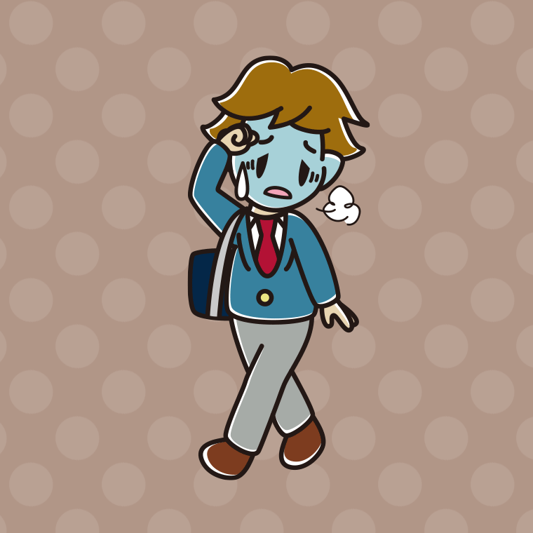 通学中に具合が悪い男子高校生のイラスト【色、背景あり】PNG
