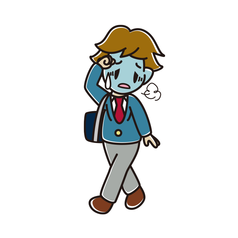 通学中に具合が悪い男子高校生のイラスト【色あり、背景なし】透過PNG