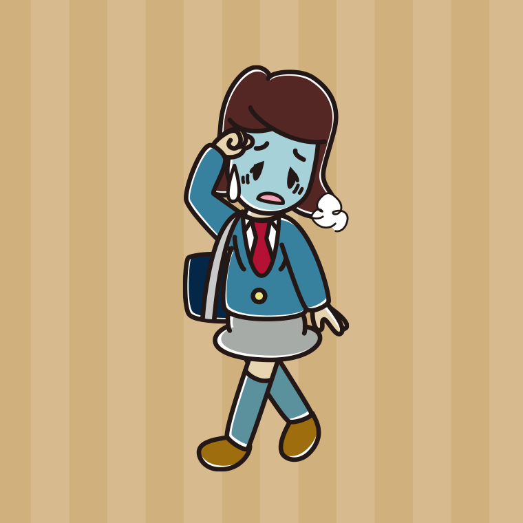 通学中に具合が悪い女子高校生のイラスト【色、背景あり】PNG