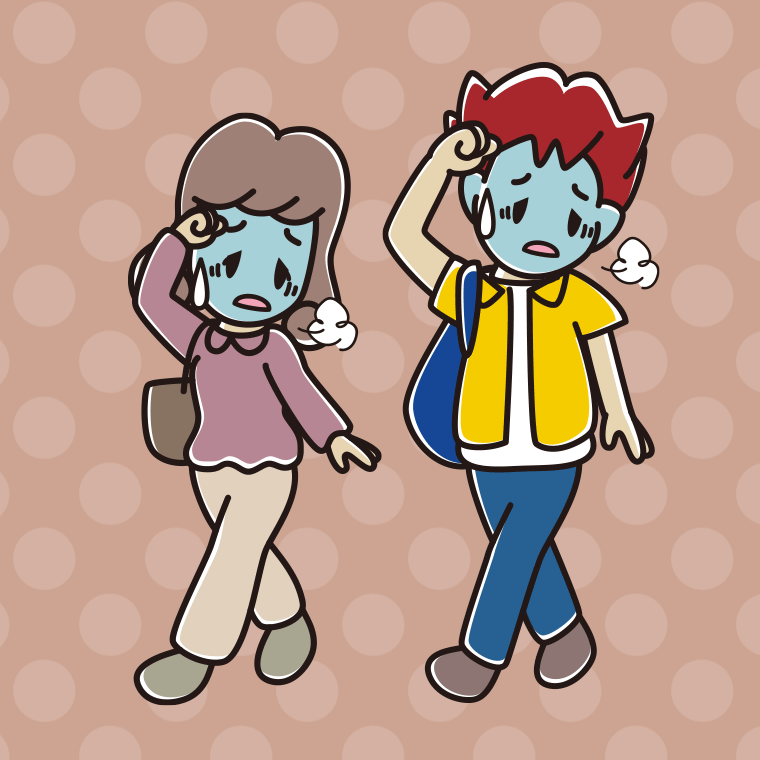 通学中に具合が悪い大学生のイラスト【色、背景あり】PNG