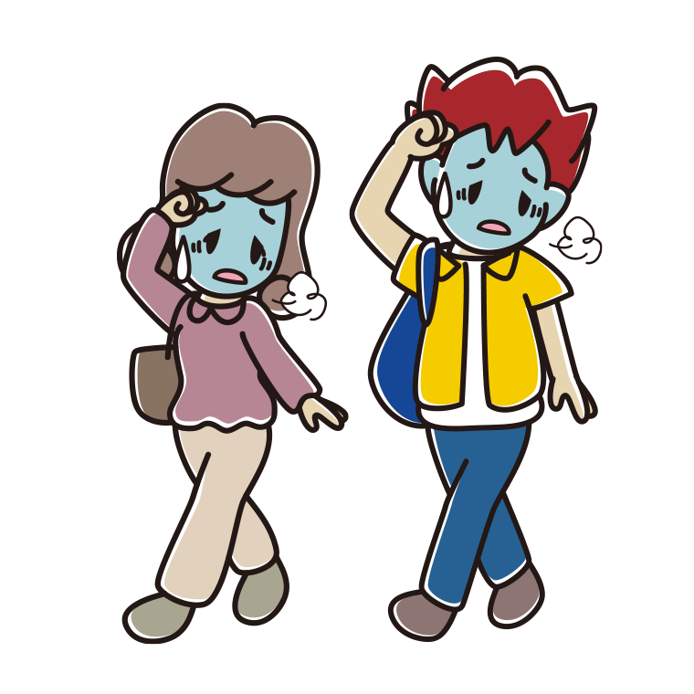 通学中に具合が悪い大学生のイラスト【色あり、背景なし】透過PNG