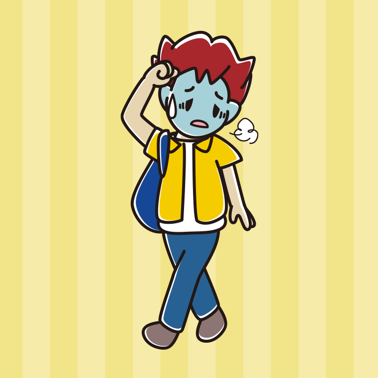 通学中に具合が悪い男子大学生のイラスト【色、背景あり】PNG