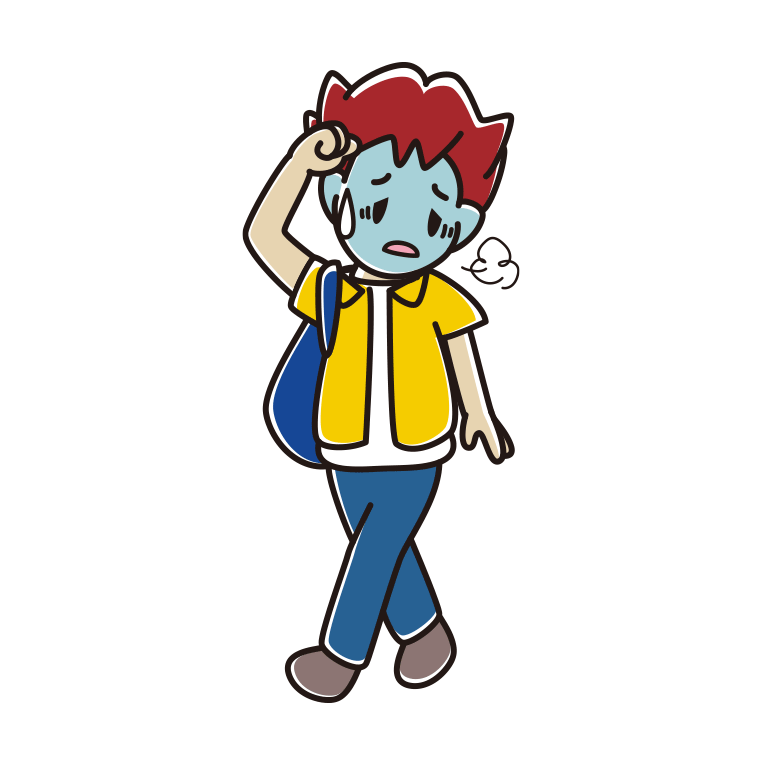 通学中に具合が悪い男子大学生のイラスト【色あり、背景なし】透過PNG