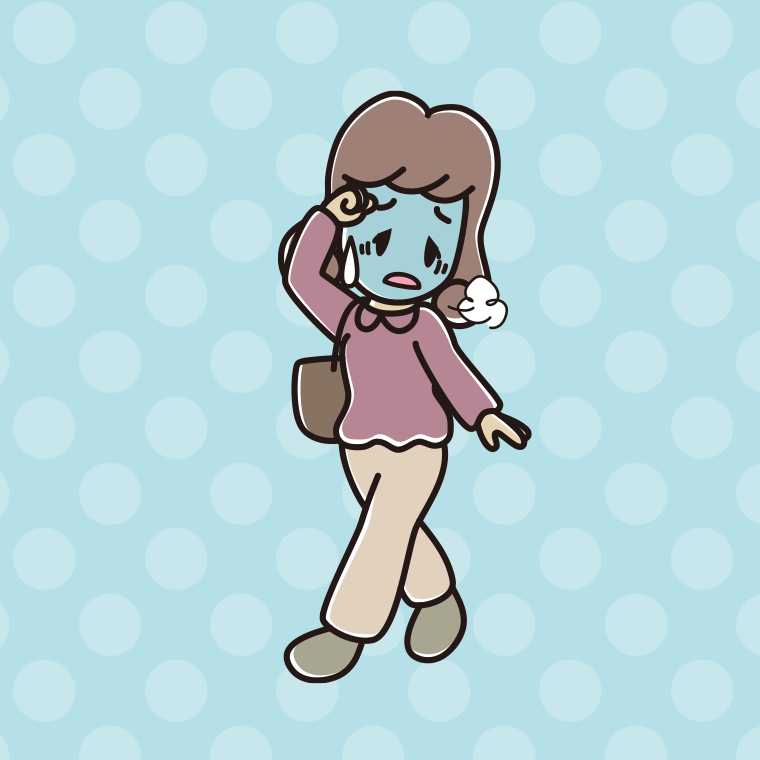 通学中に具合が悪い女子大学生のイラスト【色、背景あり】PNG