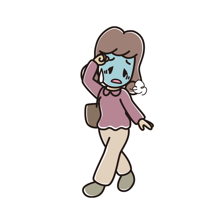 通学中に具合が悪い女子大学生のイラスト【色あり、背景なし】透過PNG