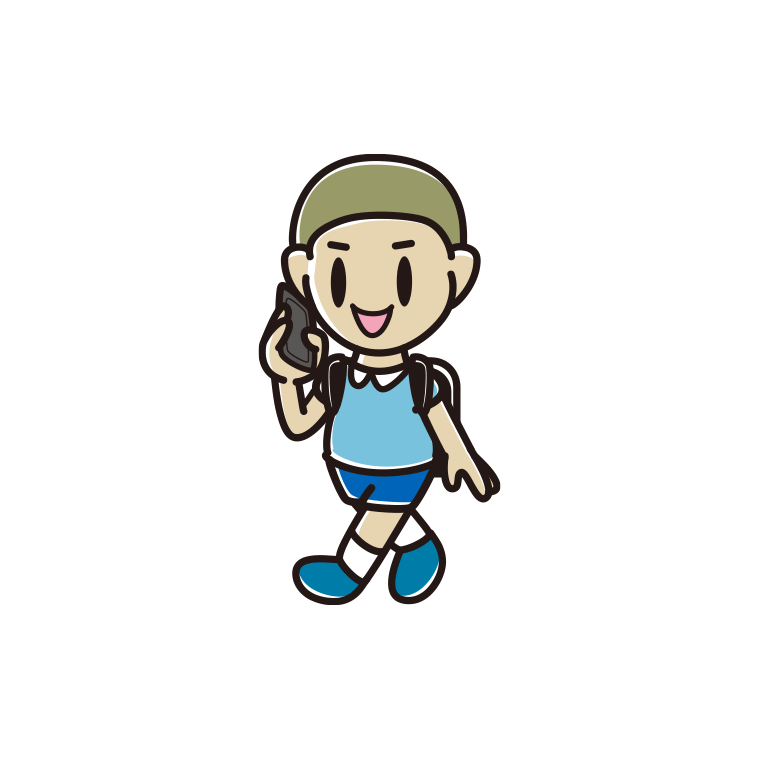 スマホで電話しながら通学する新小学一年生男子のイラスト【色あり、背景なし】透過PNG