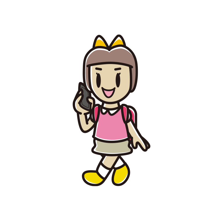 スマホで電話しながら通学する新小学一年生女子のイラスト【色あり、背景なし】透過PNG