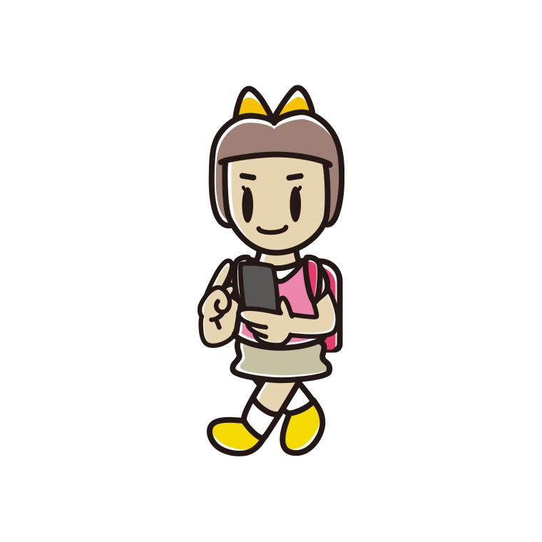 スマホを使いながら通学する新小学一年生女子のイラスト【色あり、背景なし】透過PNG