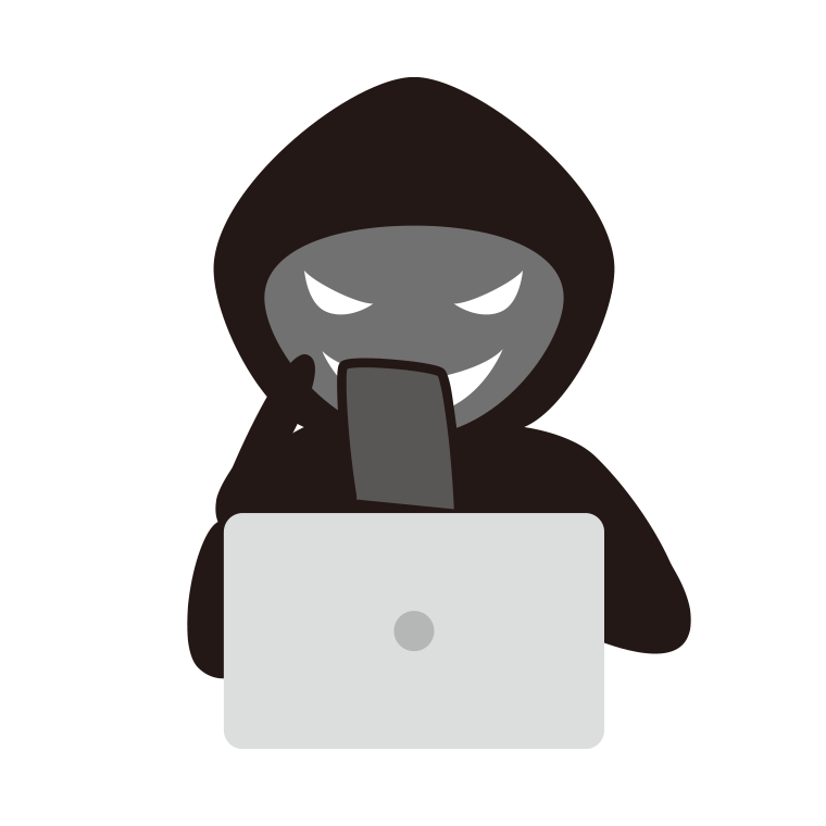 スマホを使うハッカーのイラスト【色あり、背景なし】透過PNG