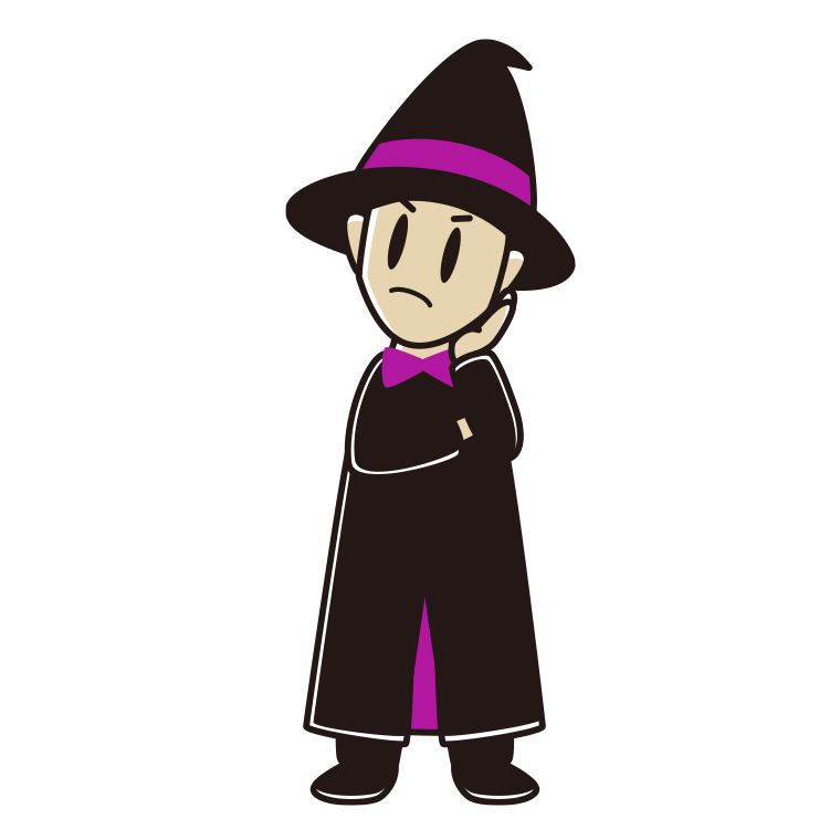 考えるハロウィンのコスプレ姿の男性のイラスト【色あり、背景なし】透過PNG