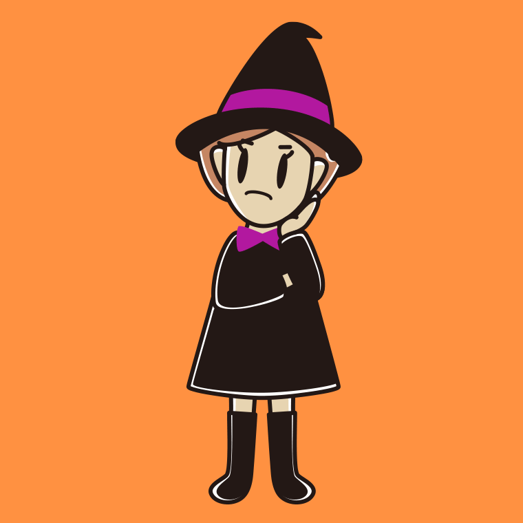 考えるハロウィンのコスプレ姿の女性のイラスト【色、背景あり】PNG