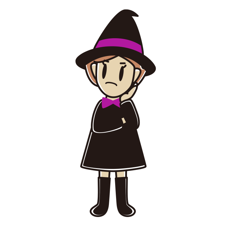 考えるハロウィンのコスプレ姿の女性のイラスト【色あり、背景なし】透過PNG